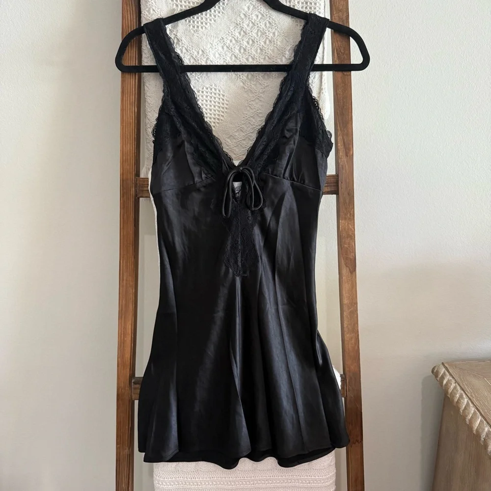 NWT Princess Polly Black Satin Lace Trim Walta Mini Dress - Picture 2 of 6